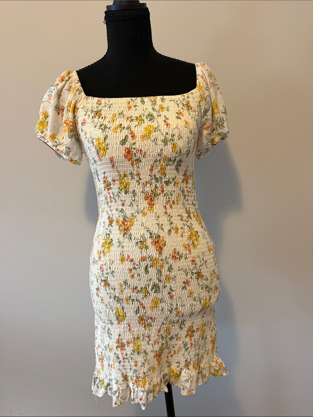 South Moon Under Cream Floral Smocked Mini Dress with Yellow Accents